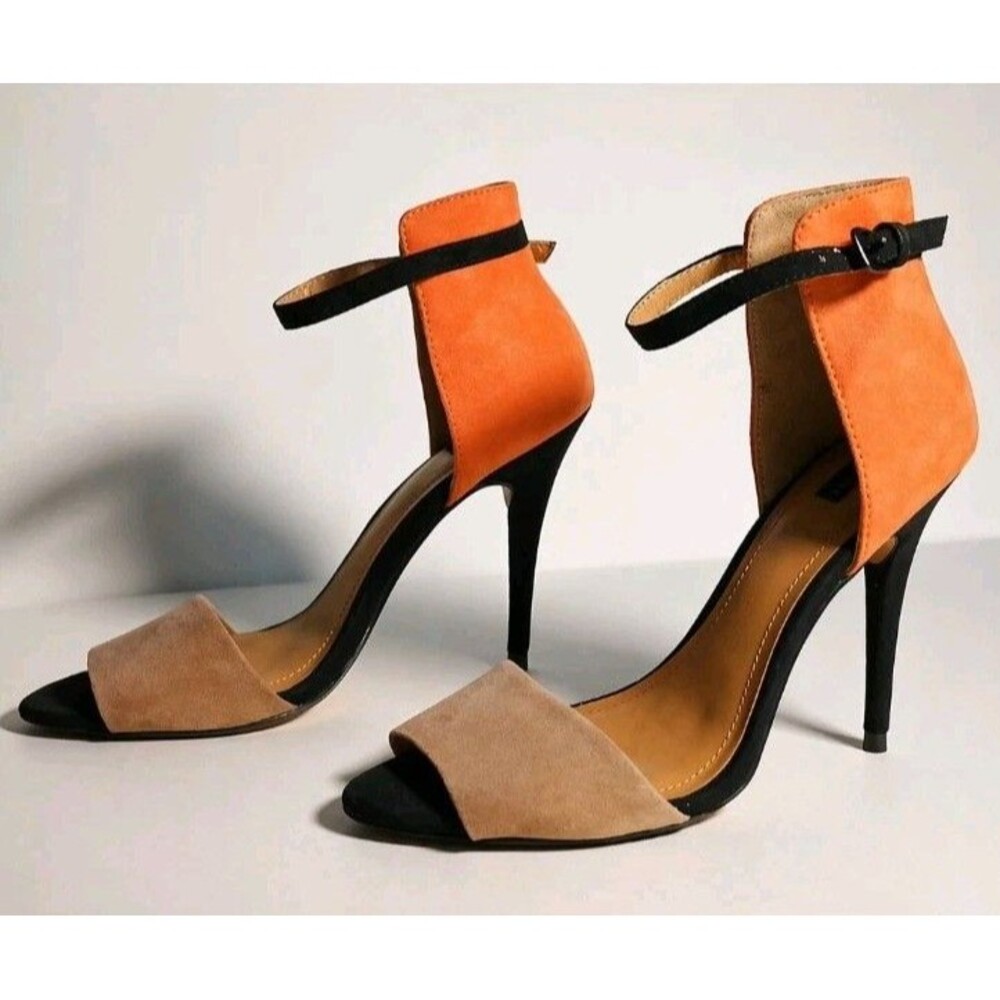 Zara Sculptural Colorblock High Heels  Suede Ankle Strap Sandals 8.5 Orange Tan